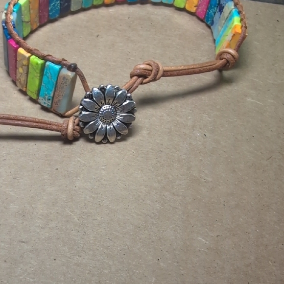 Handmade Multicolor Stone Tile Wrap Bracelet - Brown Cord - Picture 4 of 7